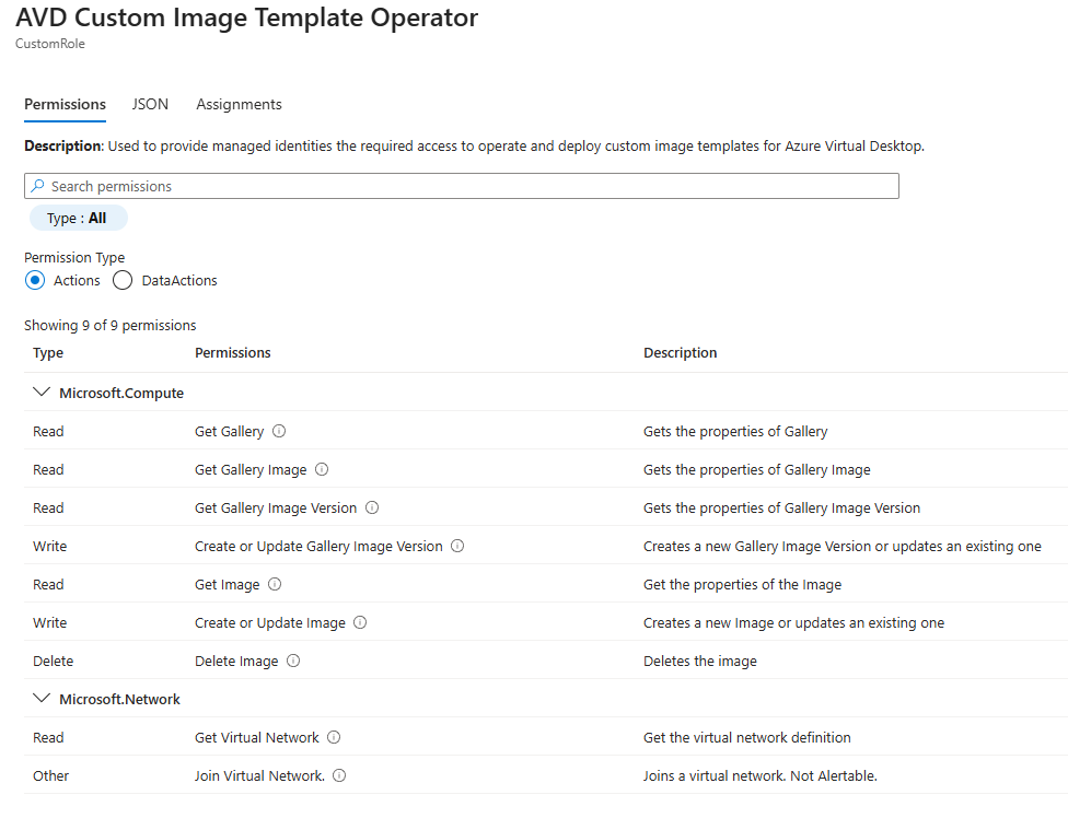 Image of the AVD Custom RBAC Role that can be configured.