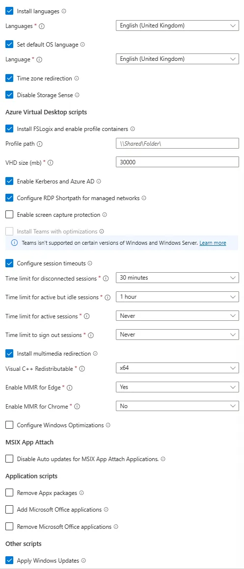 Image showing the configurations of the custom image template