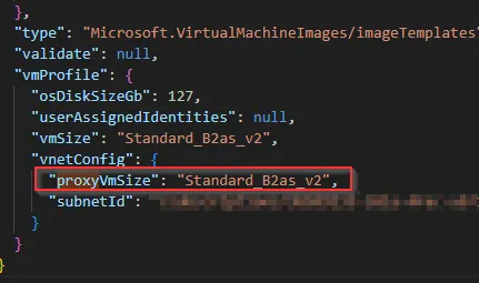 Image of the Proxy VM Size in VSCode